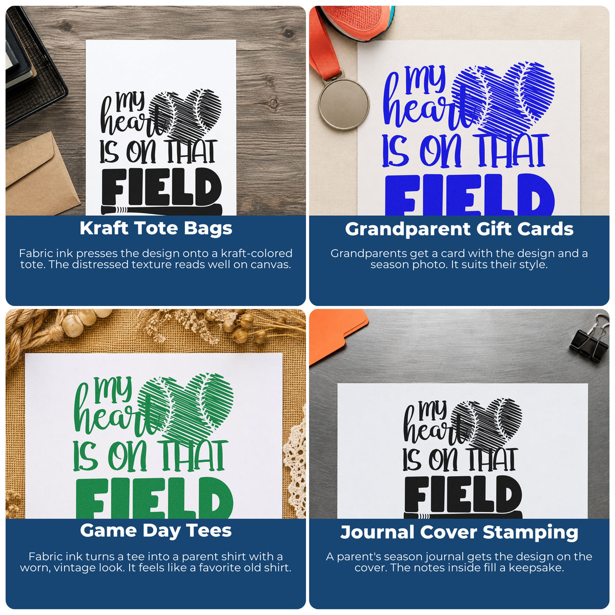 Four ways to use the My Heart Is On That Field Distressed Ball Rubber Stamp – Wood Handle: kraft tote bags, grandparent gift cards, game day tees and journal cover stamping.