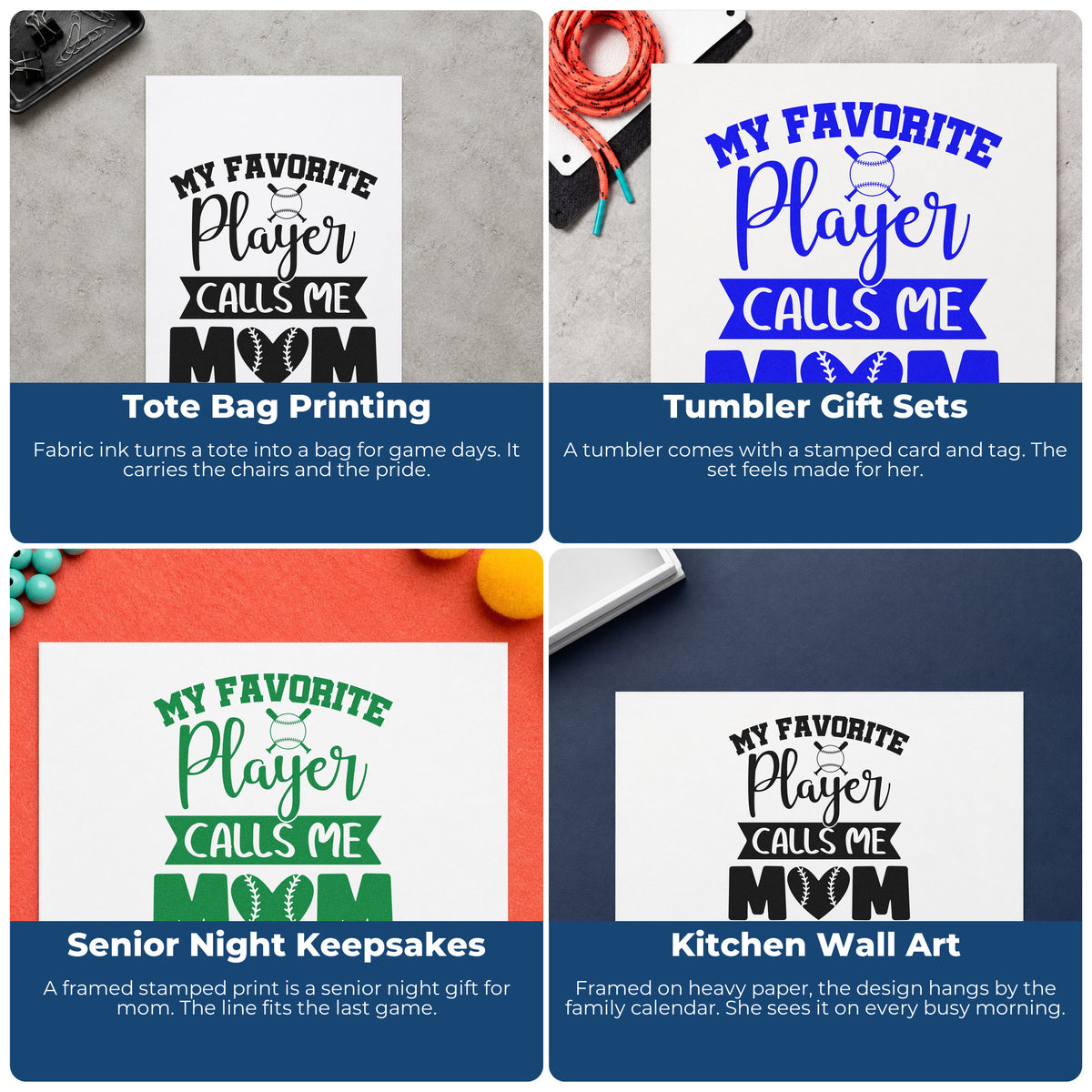 Four ways to use the My Favorite Player Calls Me Mom Baseball Heart Rubber Stamp – Duo Hand: tote bag printing, tumbler gift sets, senior night keepsakes and kitchen wall art.