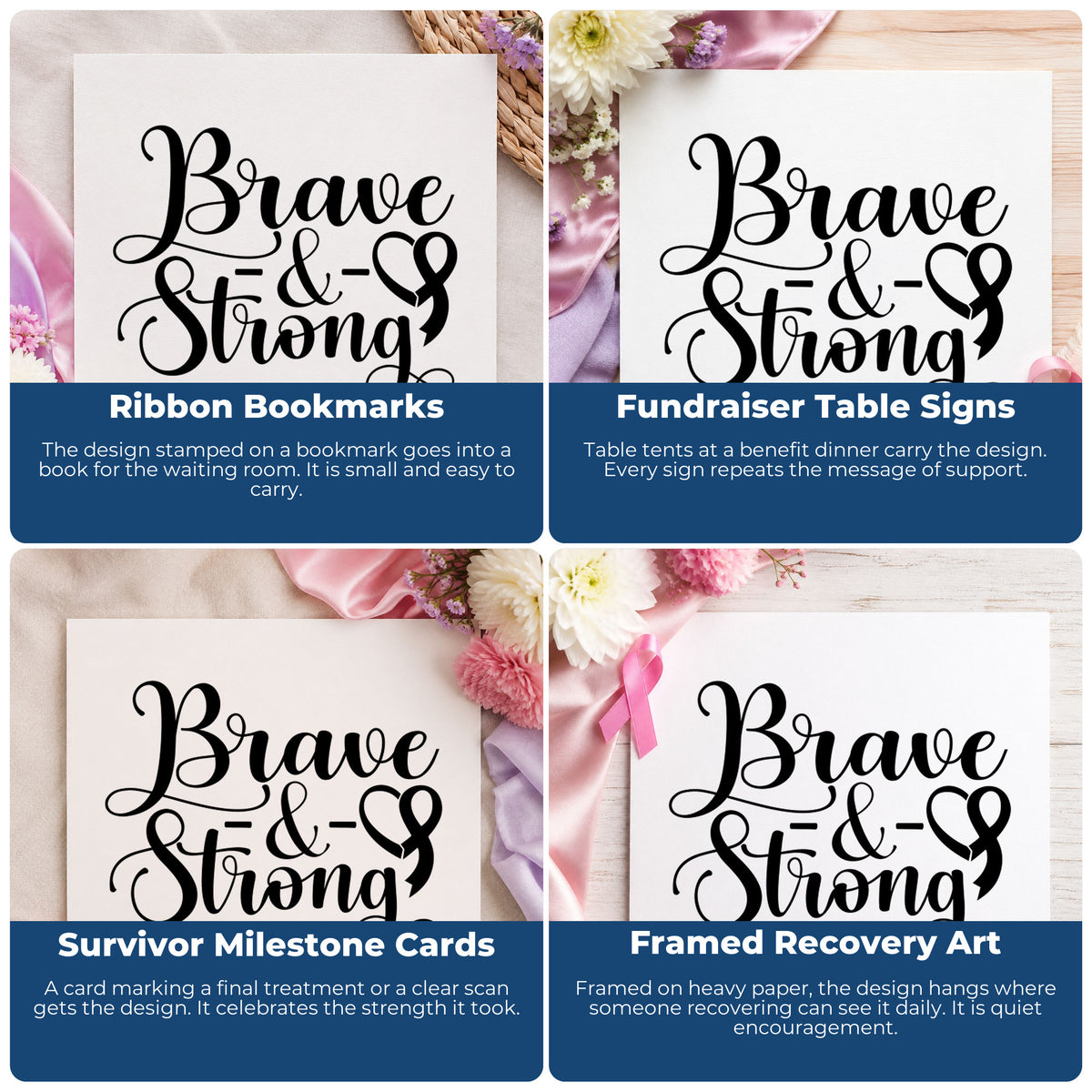 Four ways to use the Brave And Strong Pre-Inked Stamp – Slim: ribbon bookmarks, fundraiser table signs, survivor milestone cards and framed recovery art.