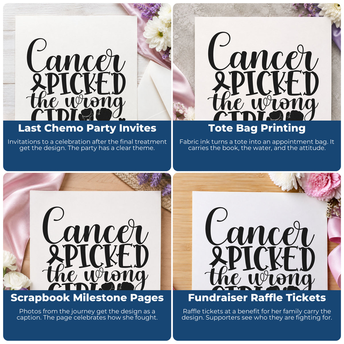 Four ways to use the Cancer Picked The Wrong Girl Awareness Ribbon Stamp - Premium Vintage Pro Wooden: last chemo party invites, tote bag printing, scrapbook milestone pages and fundraiser raffle tickets.