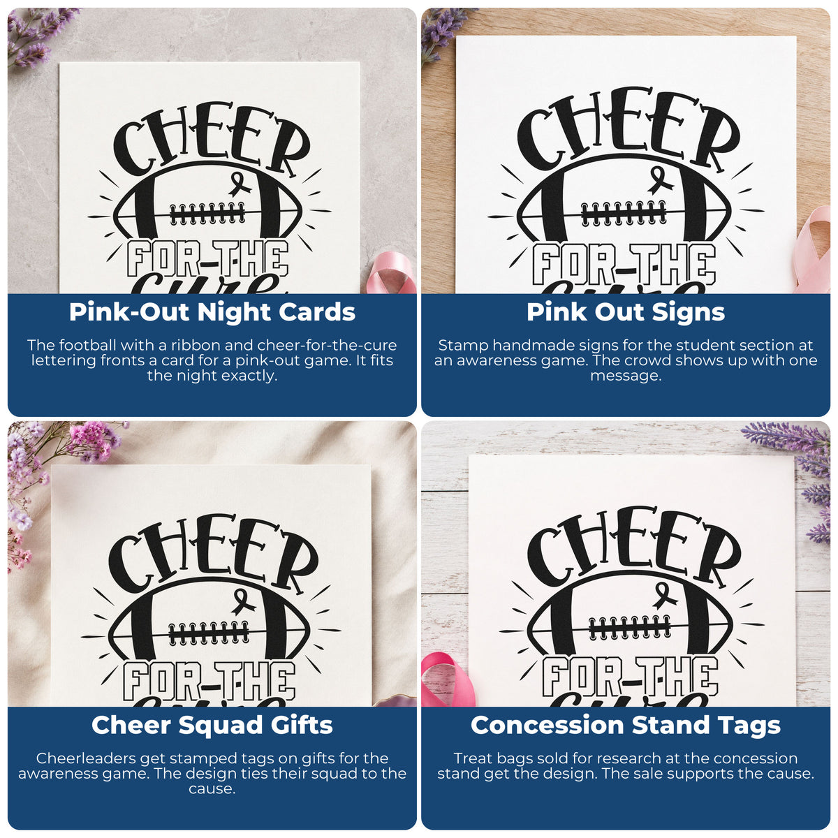 Four ways to use the Cheer For The Cure Rubber Stamp – Wood Handle: pink-out night cards, pink out signs, cheer squad gifts and concession stand tags.