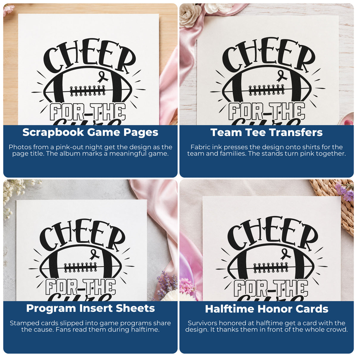 Four ways to use the Cheer For The Cure Rubber Stamp – Wood Handle: scrapbook game pages, team tee transfers, program insert sheets and halftime honor cards.