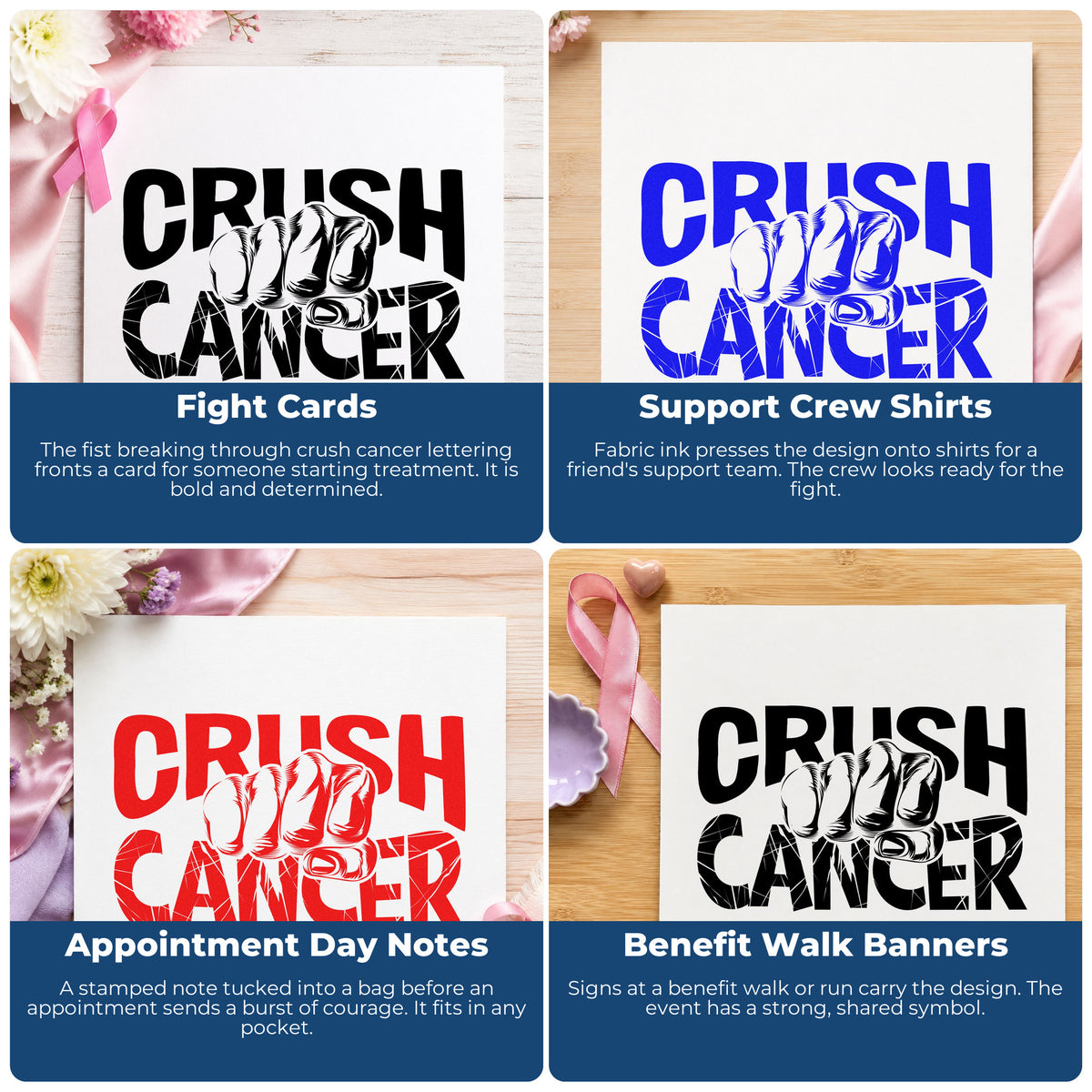 Four ways to use the Crush Cancer Fist Lettering Pre-Inked Stamp – PSI: fight cards, support crew shirts, appointment day notes and benefit walk banners.