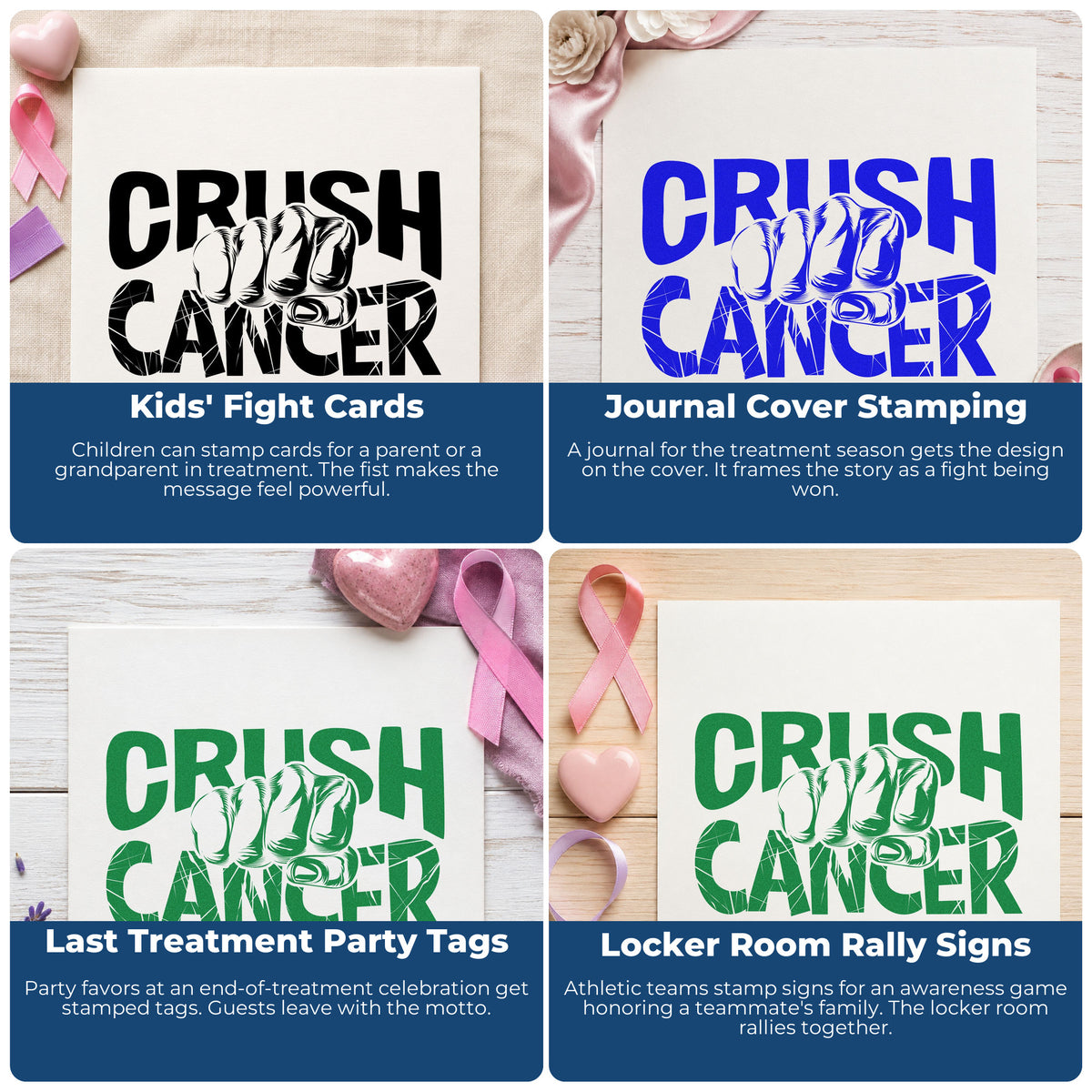 Four ways to use the Crush Cancer Fist Lettering Wood Handle Stamp: kids' fight cards, journal cover stamping, last treatment party tags and locker room rally signs.