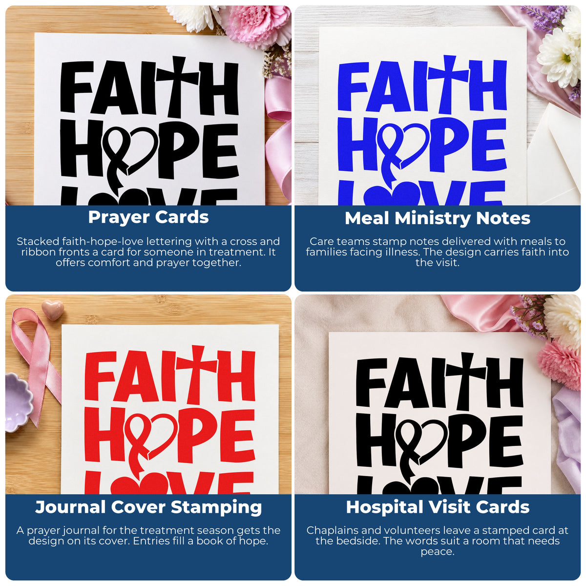 Four ways to use the Faith Hope Love Ribbon PSI Pre-Inked Stamp: prayer cards, meal ministry notes, journal cover stamping and hospital visit cards.