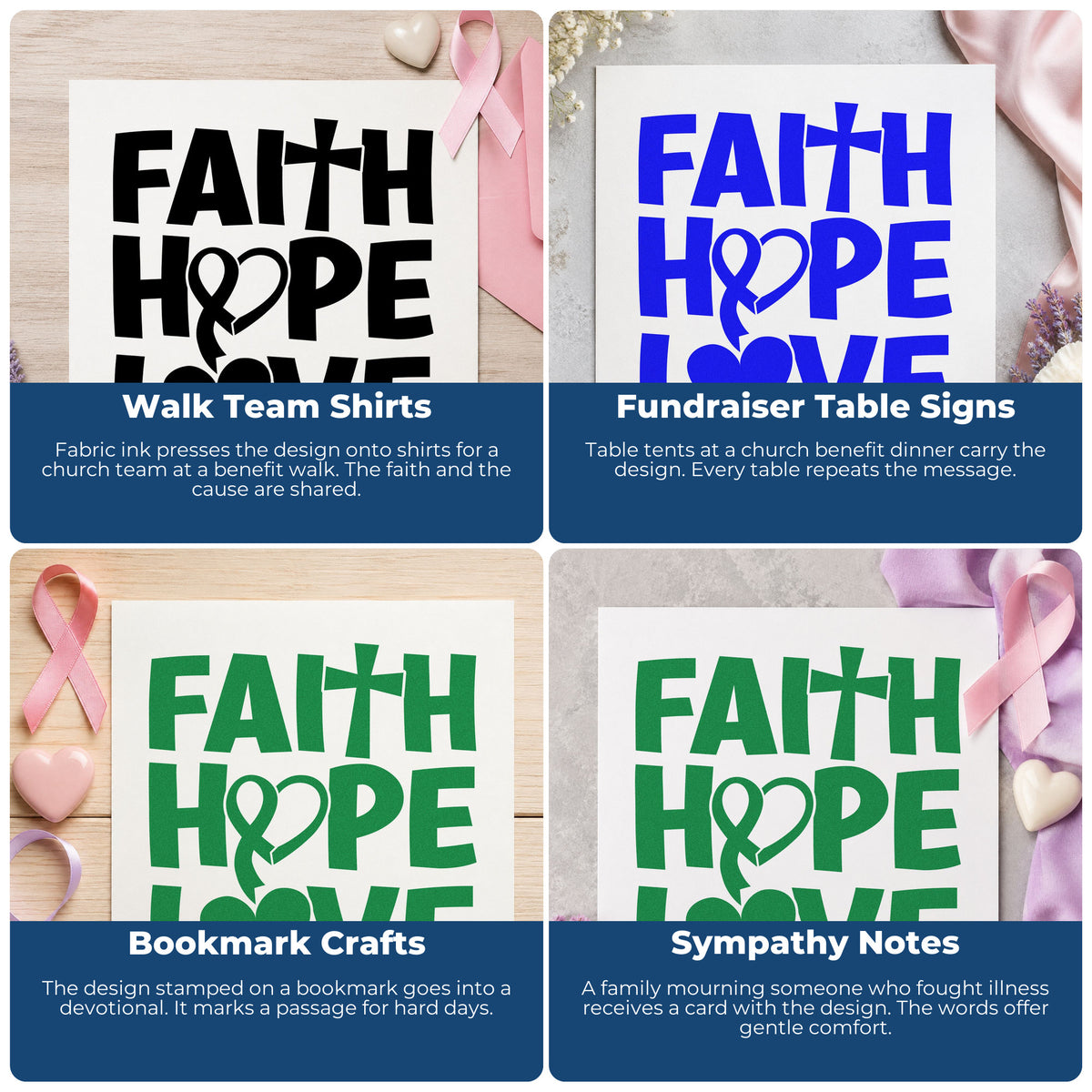 Four ways to use the Faith Hope Love Ribbon Pre-Inked Stamp – Slim: walk team shirts, fundraiser table signs, bookmark crafts and sympathy notes.