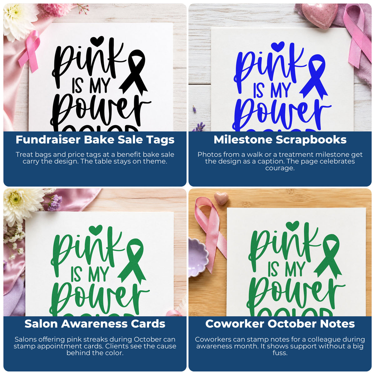 Four ways to use the Pink Is My Power Color Pre-Inked Stamp – Slim: fundraiser bake sale tags, milestone scrapbooks, salon awareness cards and coworker october notes.