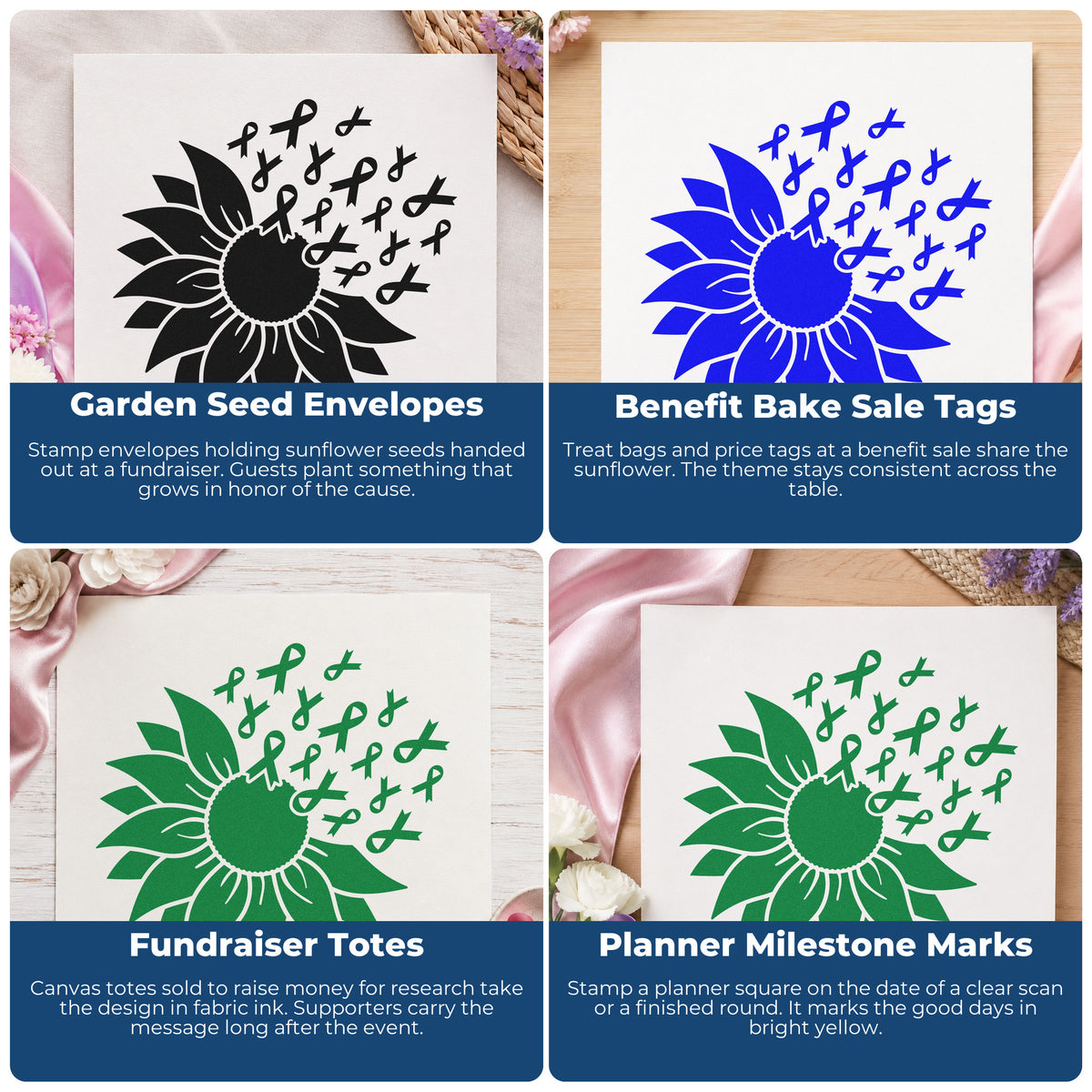 Four ways to use the Awareness Ribbons From A Sunflower Stamp – Self-Inking: garden seed envelopes, benefit bake sale tags, fundraiser totes and planner milestone marks.