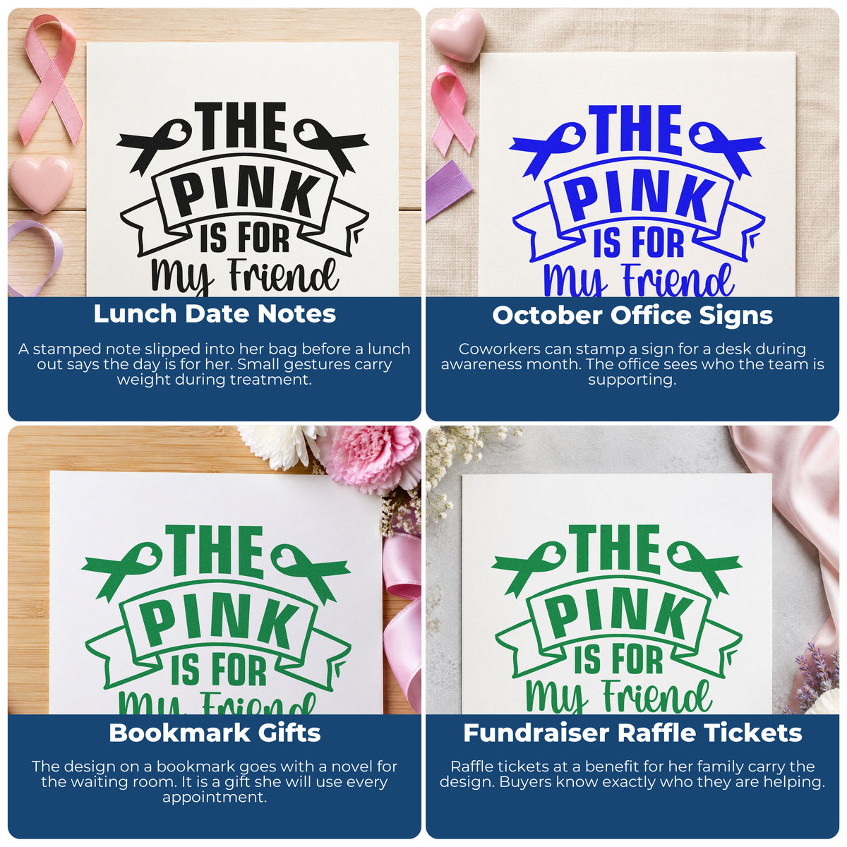 Four ways to use the Pink Is For My Friend Stamp - Premium Vintage Pro Wooden: lunch date notes, october office signs, bookmark gifts and fundraiser raffle tickets.
