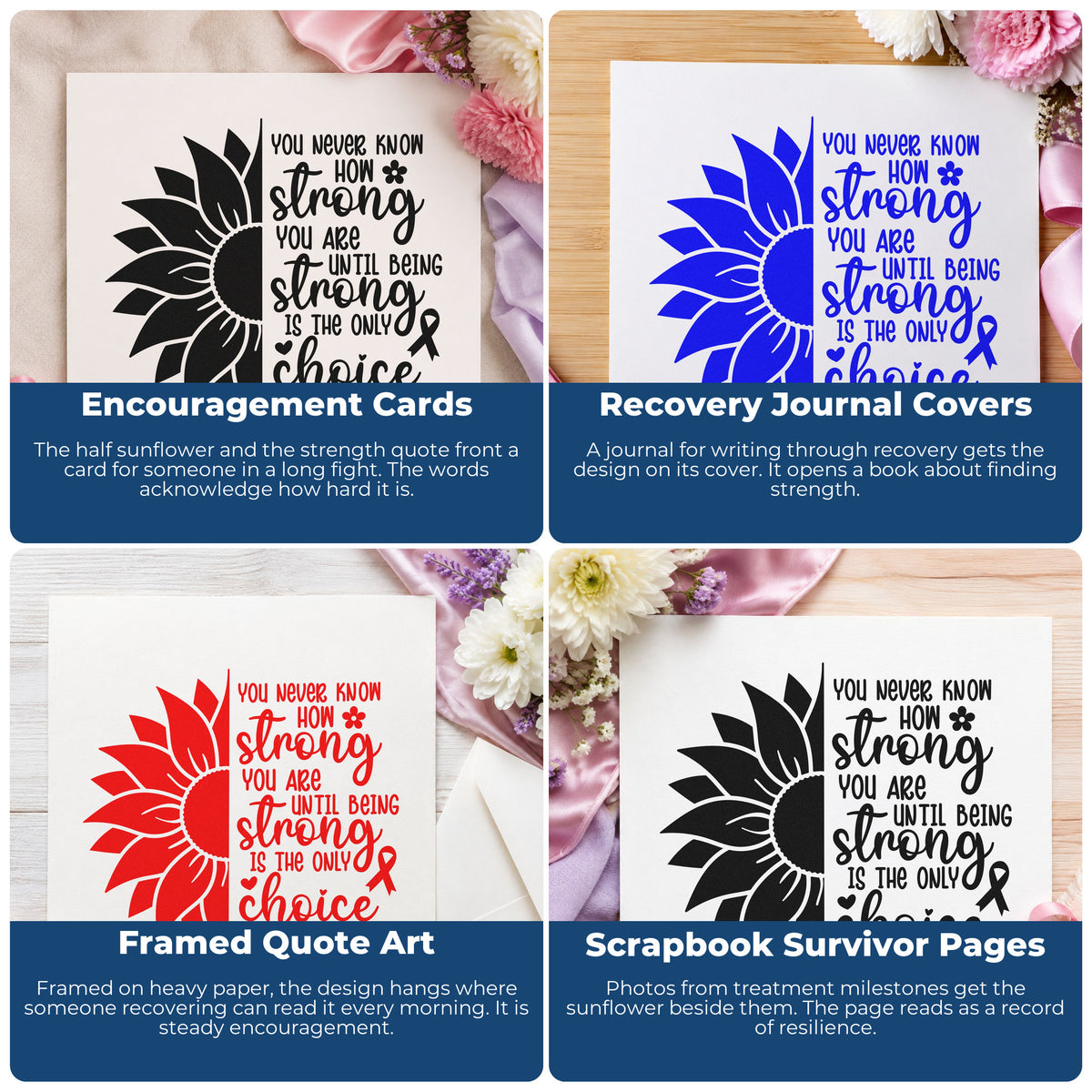 Four ways to use the Strong Is The Only Choice Rubber Stamp – Wood Handle: encouragement cards, recovery journal covers, framed quote art and scrapbook survivor pages.