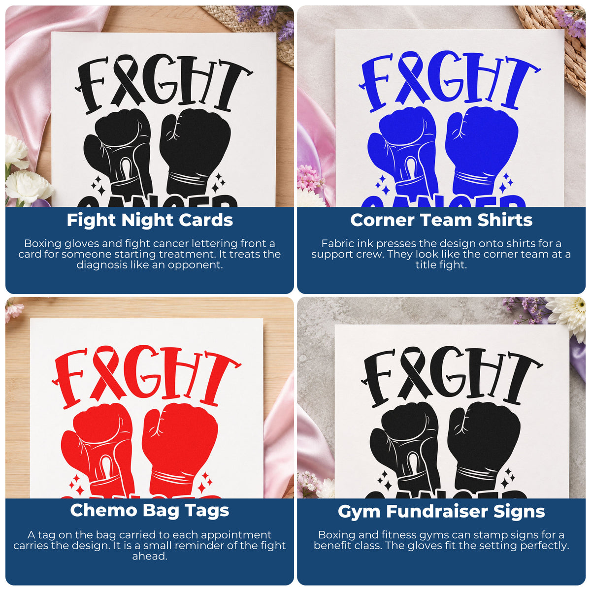 Four ways to use the Premium Wooden Fight Cancer Boxing Gloves Awareness Ribbon Stamp - Vintage Pro: fight night cards, corner team shirts, chemo bag tags and gym fundraiser signs.