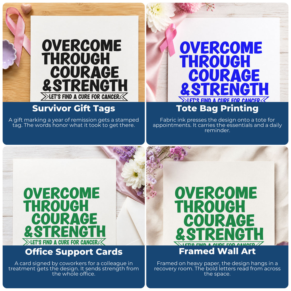 Four ways to use the Overcome Through Courage & Strength Rubber Stamp – Wood Handle: survivor gift tags, tote bag printing, office support cards and framed wall art.