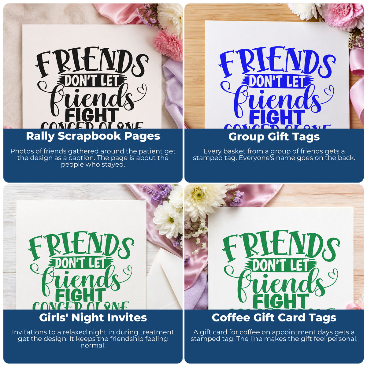Four ways to use the Friends Don't Fight Alone Rubber Stamp – Duo Hand: rally scrapbook pages, group gift tags, girls' night invites and coffee gift card tags.