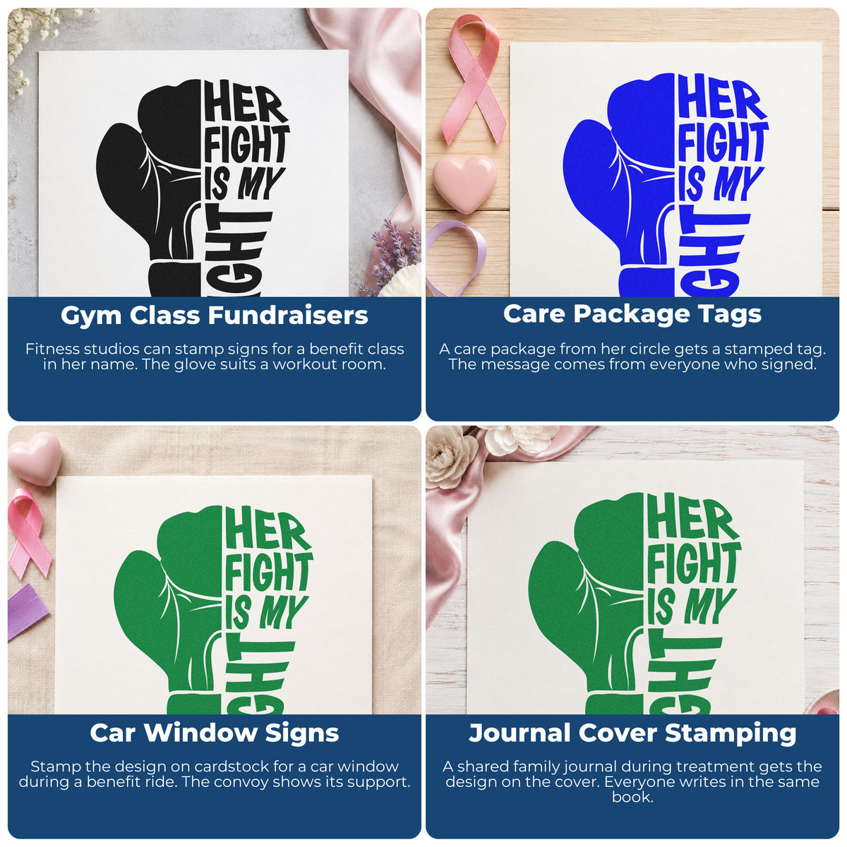 Four ways to use the Her Fight Is My Fight Boxing Gloves Pre-Inked Stamp – PSI: gym class fundraisers, care package tags, car window signs and journal cover stamping.