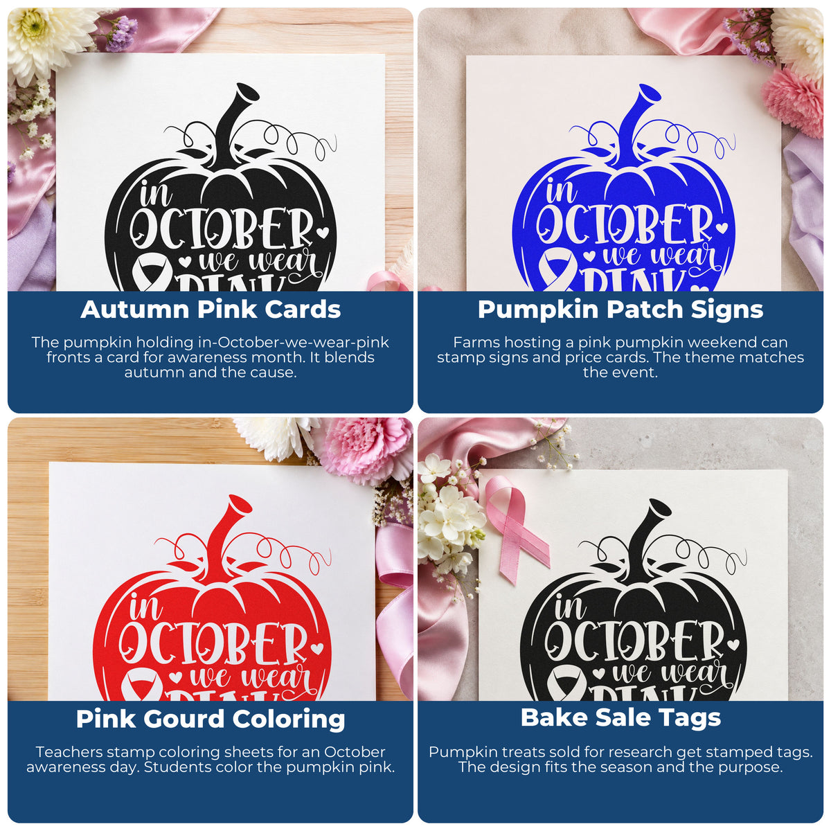 Four ways to use the October Pink Pumpkin Rubber Stamp – Duo Hand: autumn pink cards, pumpkin patch signs, pink gourd coloring and bake sale tags.