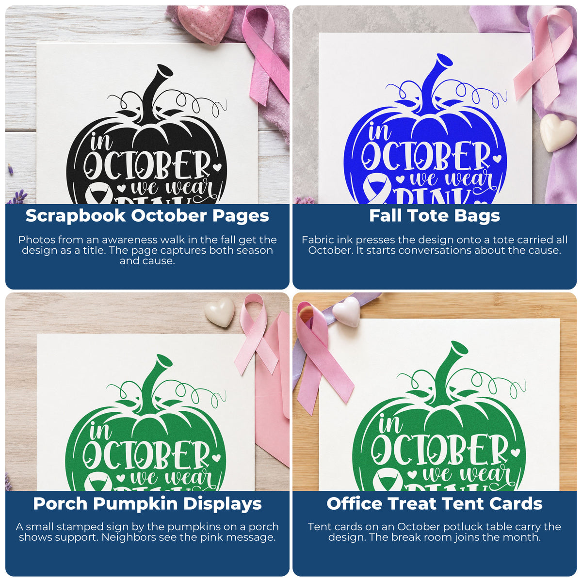 Four ways to use the October Pink Pumpkin Rubber Stamp – Duo Hand: scrapbook october pages, fall tote bags, porch pumpkin displays and office treat tent cards.