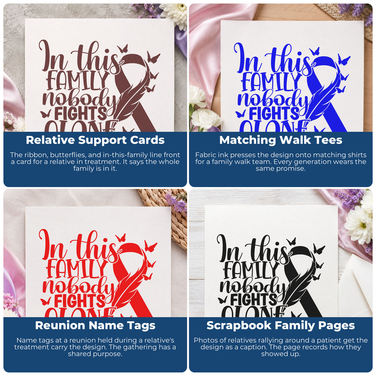 Four ways to use the Family Fights Together Awareness Ribbon Stamp – PSI Pre-Inked: relative support cards, matching walk tees, reunion name tags and scrapbook family pages.
