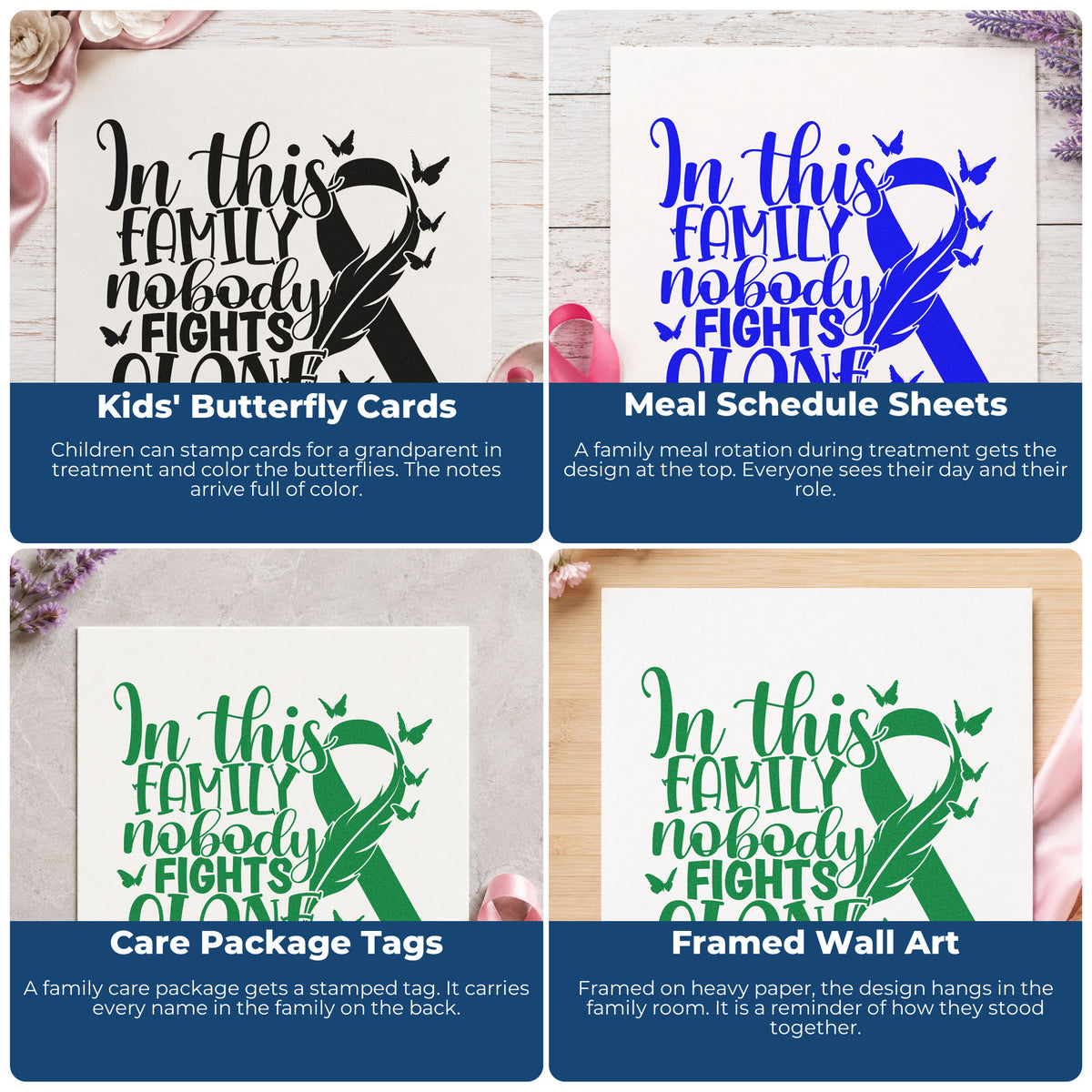 Four ways to use the Family Fights Together Awareness Ribbon Stamp – PSI Pre-Inked: kids' butterfly cards, meal schedule sheets, care package tags and framed wall art.