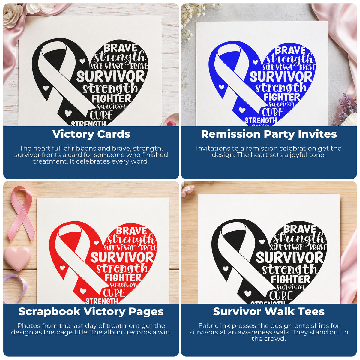 Four ways to use the Survivor Ribbon Heart Rubber Stamp – Wood Handle: victory cards, remission party invites, scrapbook victory pages and survivor walk tees.