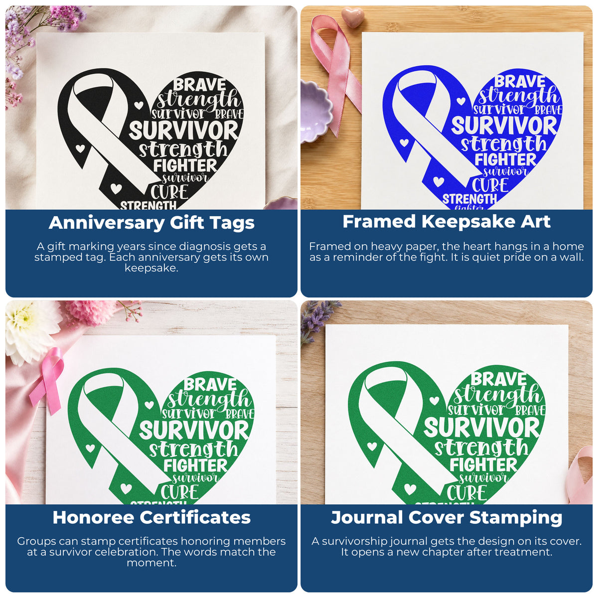 Four ways to use the Survivor Ribbon Heart Premium Wooden Stamp - Vintage Pro: anniversary gift tags, framed keepsake art, honoree certificates and journal cover stamping.
