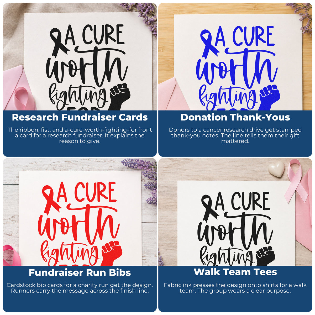 Four ways to use the A Cure Worth Fighting For Hand Stamp – Duo: research fundraiser cards, donation thank-yous, fundraiser run bibs and walk team tees.