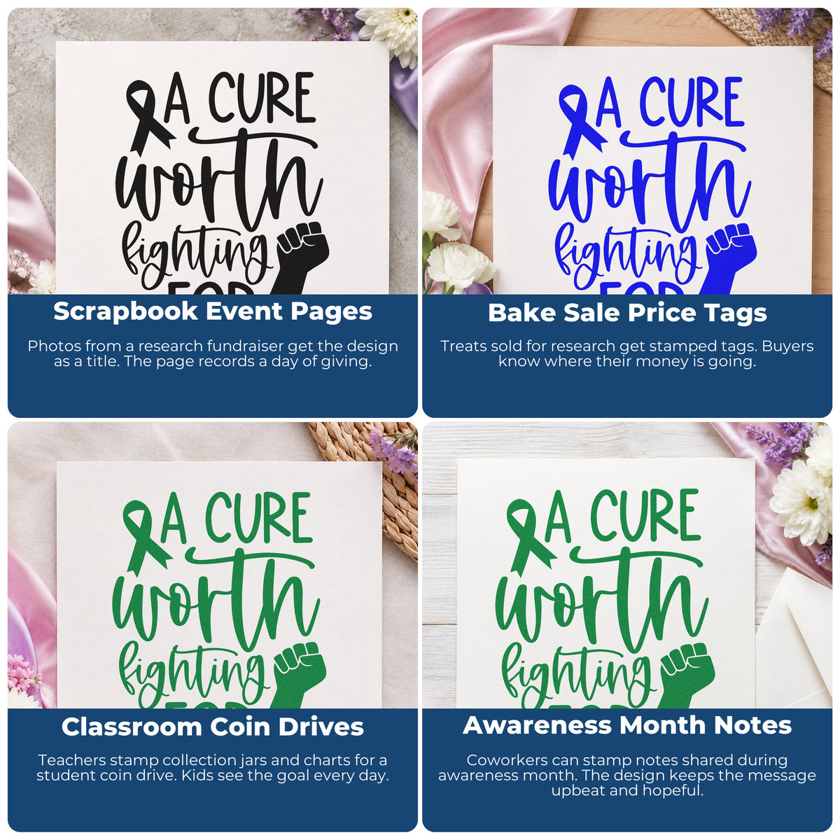 Four ways to use the A Cure Worth Fighting For Craft Stamp – Self-Inking: scrapbook event pages, bake sale price tags, classroom coin drives and awareness month notes.