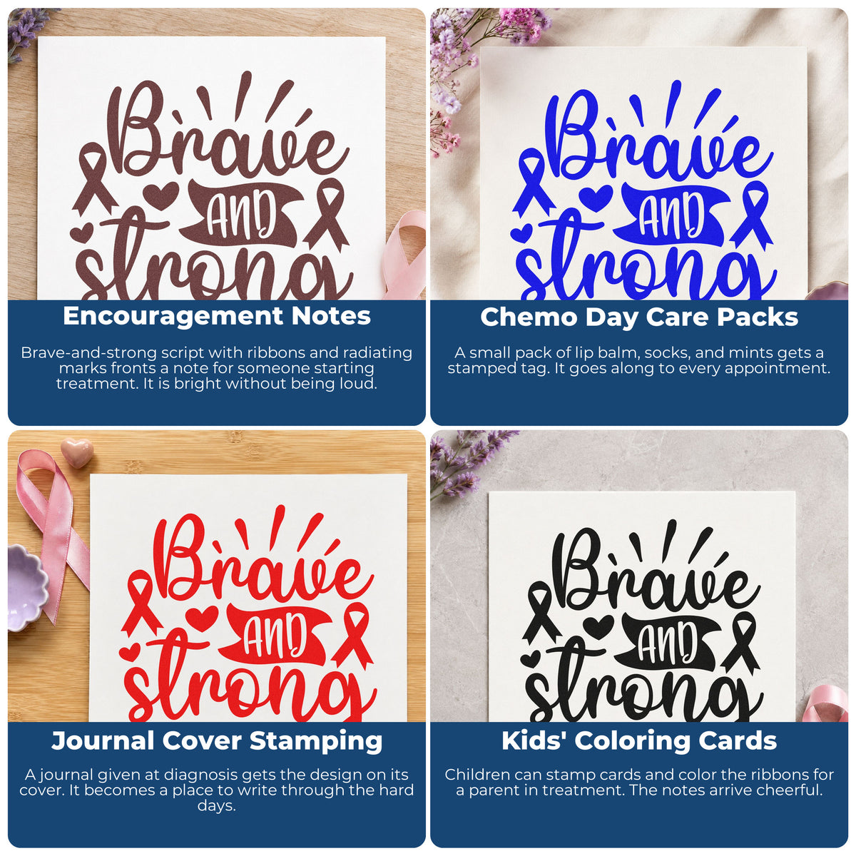 Four ways to use the Brave And Strong Ribbons With Hearts Rubber Stamp – Duo Hand: encouragement notes, chemo day care packs, journal cover stamping and kids' coloring cards.