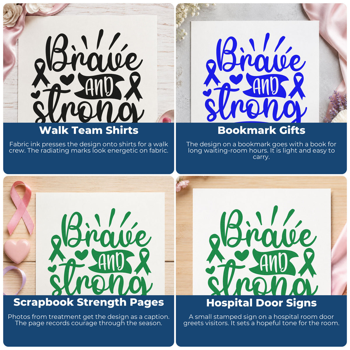Four ways to use the Brave And Strong Ribbons With Hearts Rubber Stamp – Duo Hand: walk team shirts, bookmark gifts, scrapbook strength pages and hospital door signs.