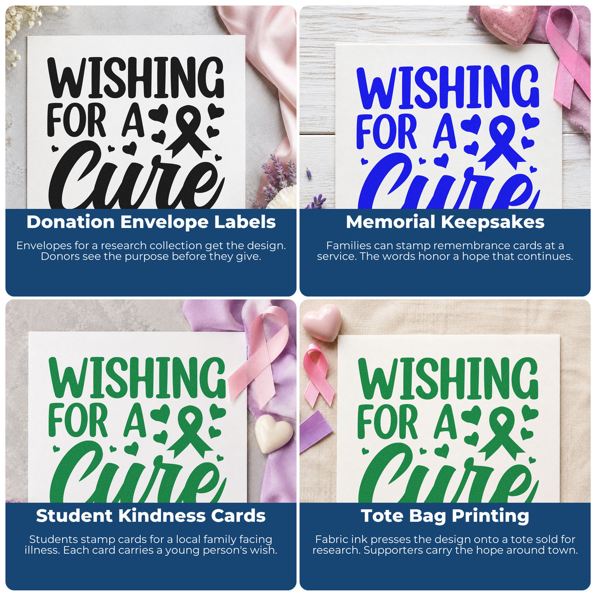 Four ways to use the Vintage Pro Wishing For A Cure Premium Wooden Stamp: donation envelope labels, memorial keepsakes, student kindness cards and tote bag printing.