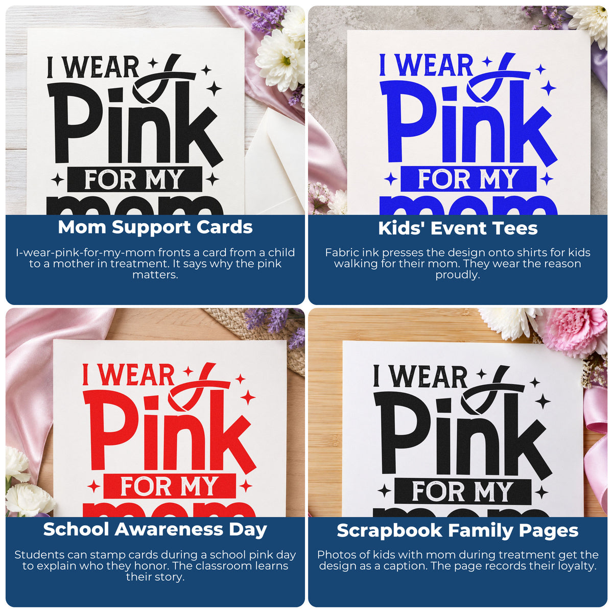 Four ways to use the I Wear Pink For Mom Self-Inking Craft Stamp: mom support cards, kids' event tees, school awareness day and scrapbook family pages.