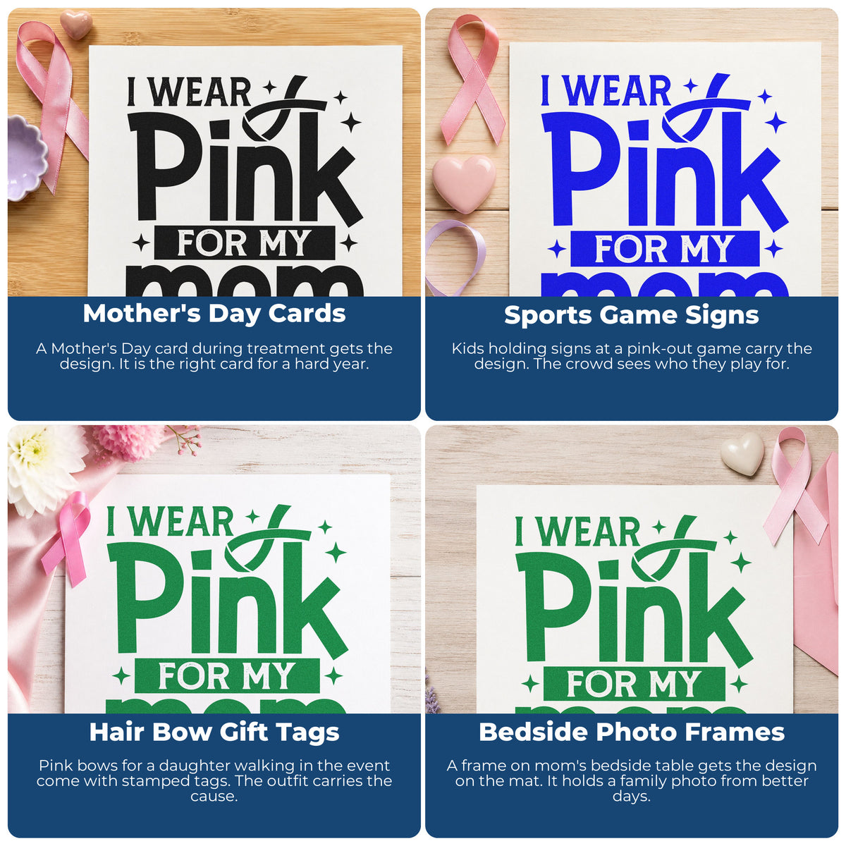 Four ways to use the I Wear Pink For Mom Wood Handle Stamp: mother's day cards, sports game signs, hair bow gift tags and bedside photo frames.