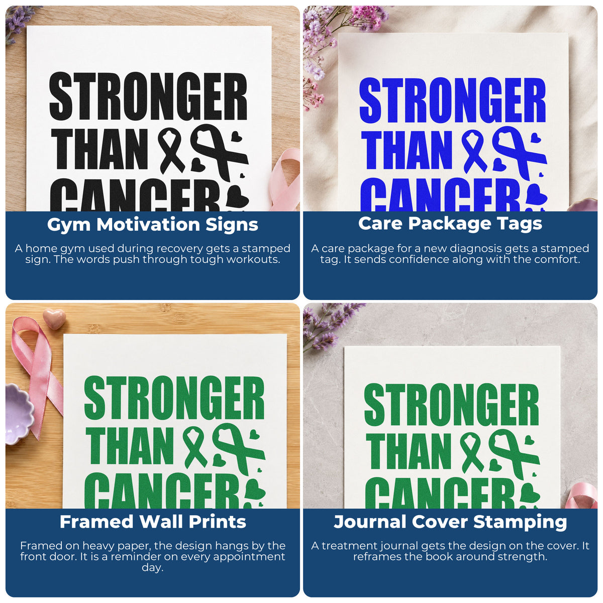 Four ways to use the Stronger Than Cancer Hand Stamp – Duo: gym motivation signs, care package tags, framed wall prints and journal cover stamping.
