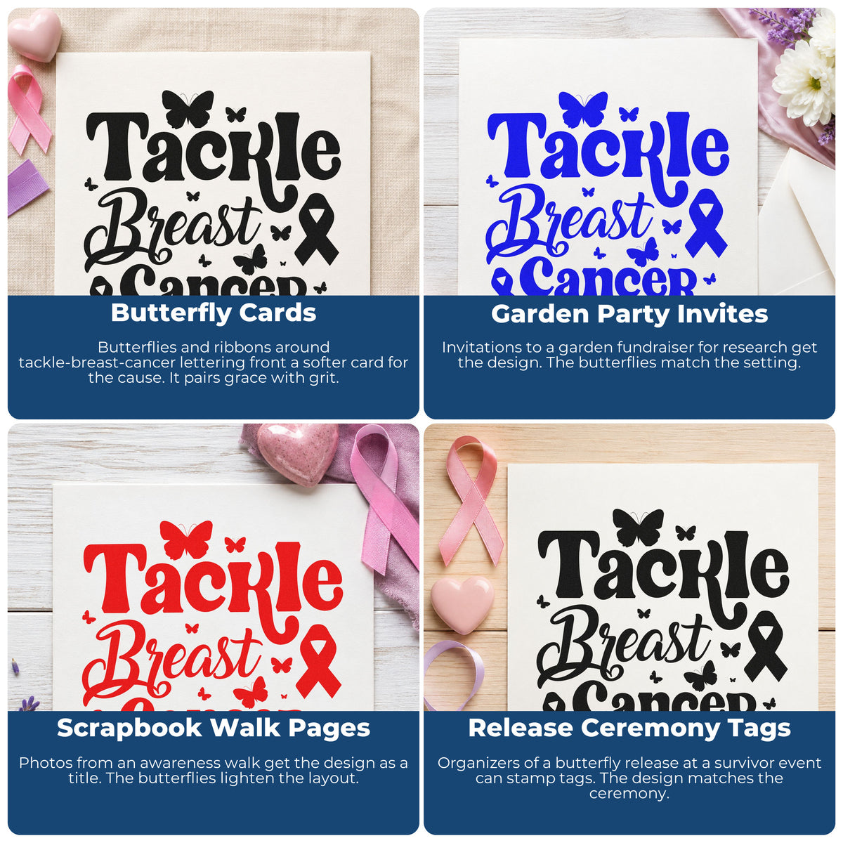 Four ways to use the Tackle Breast Cancer Butterflies Awareness Ribbon Stamp – Duo Hand: butterfly cards, garden party invites, scrapbook walk pages and release ceremony tags.