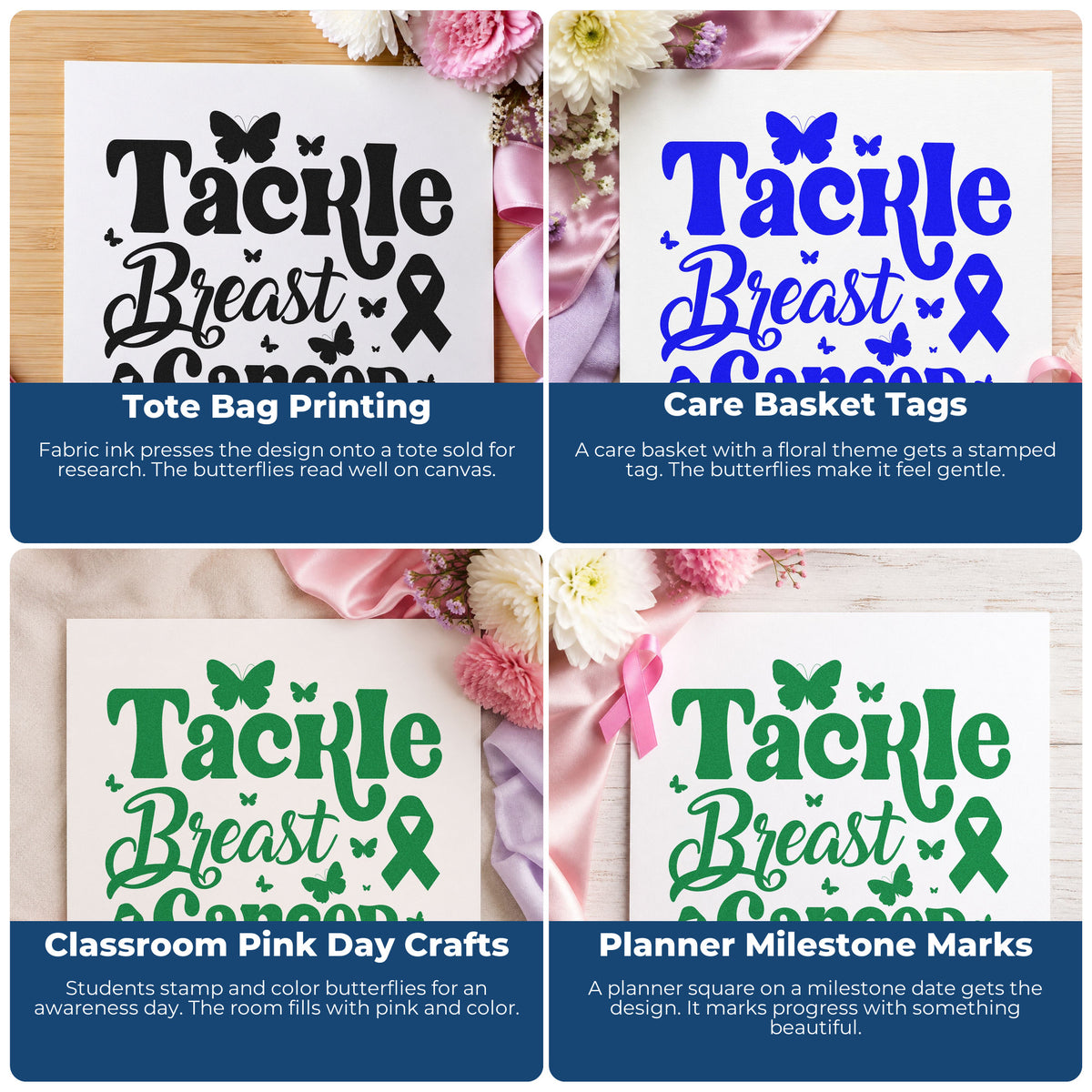 Four ways to use the Tackle Breast Cancer Butterflies Awareness Ribbon Stamp – Duo Hand: tote bag printing, care basket tags, classroom pink day crafts and planner milestone marks.