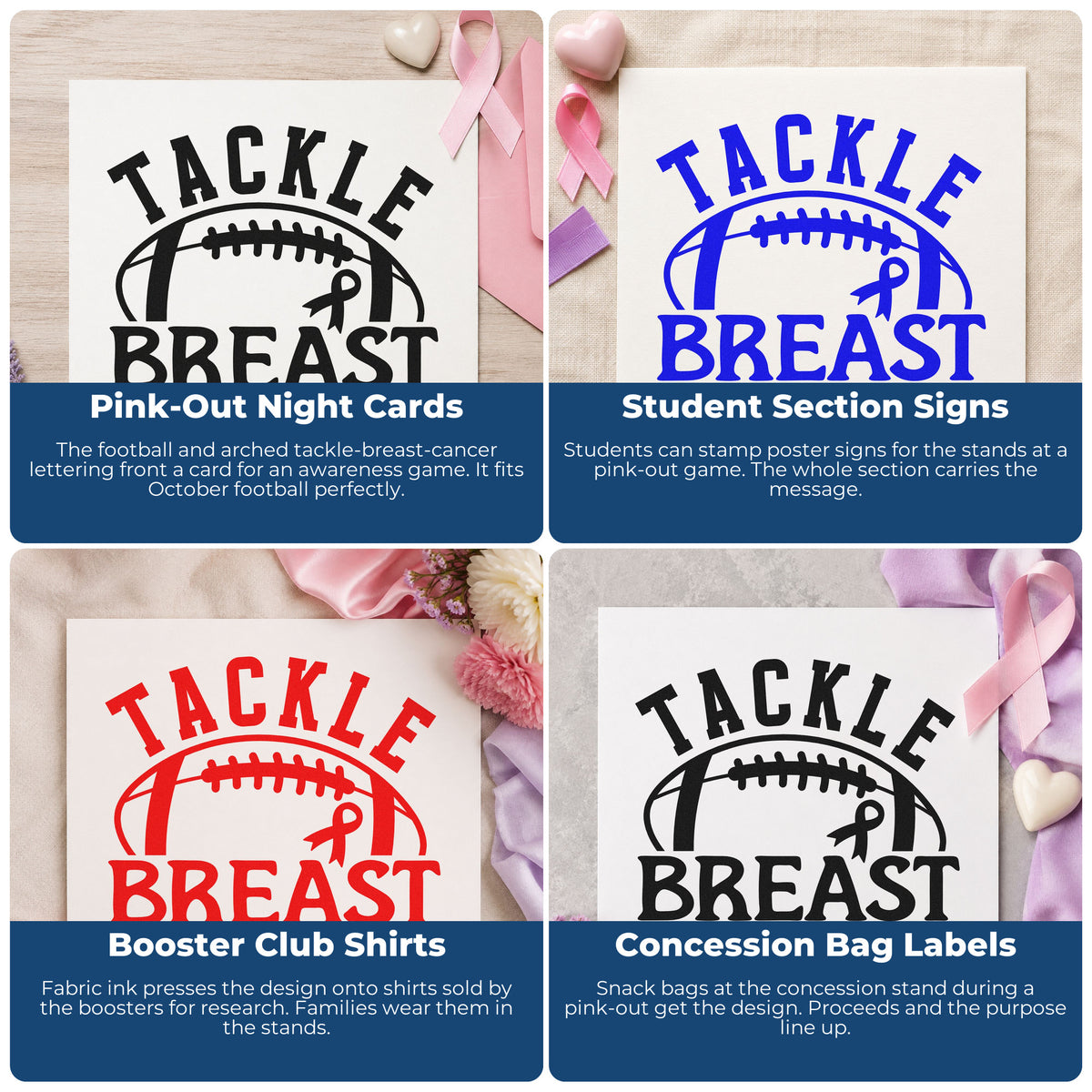 Four ways to use the Wood Handle Tackle Breast Cancer Football Rubber Stamp: pink-out night cards, student section signs, booster club shirts and concession bag labels.