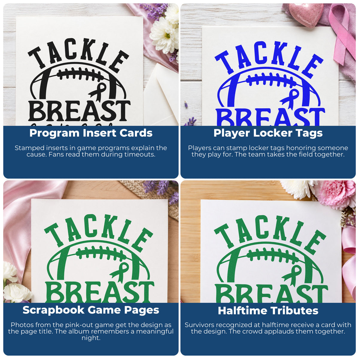 Four ways to use the Tackle Breast Cancer Football Premium Wooden Stamp - Vintage Pro: program insert cards, player locker tags, scrapbook game pages and halftime tributes.