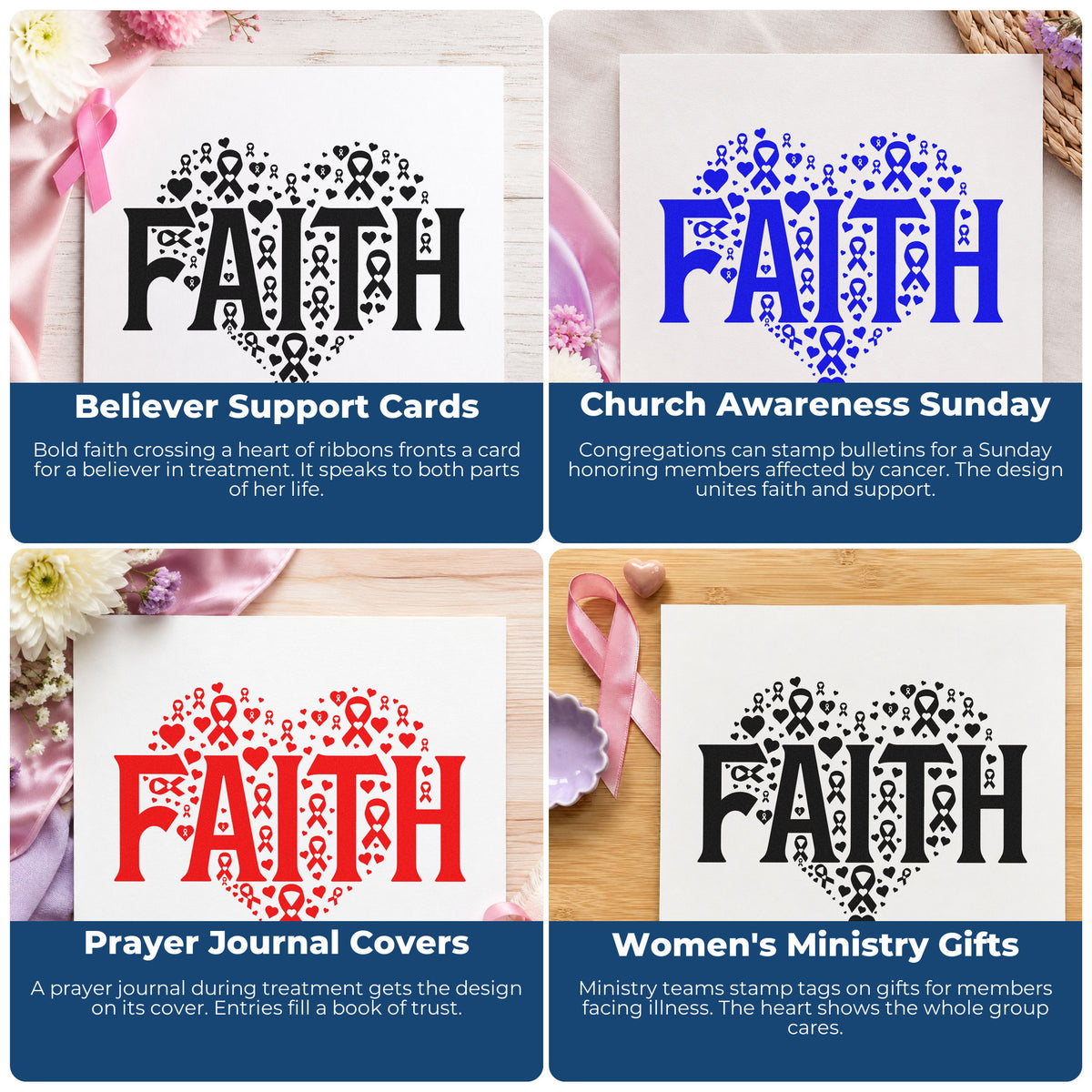 Four ways to use the Faith Awareness Heart Hand Stamp – Duo: believer support cards, church awareness sunday, prayer journal covers and women's ministry gifts.