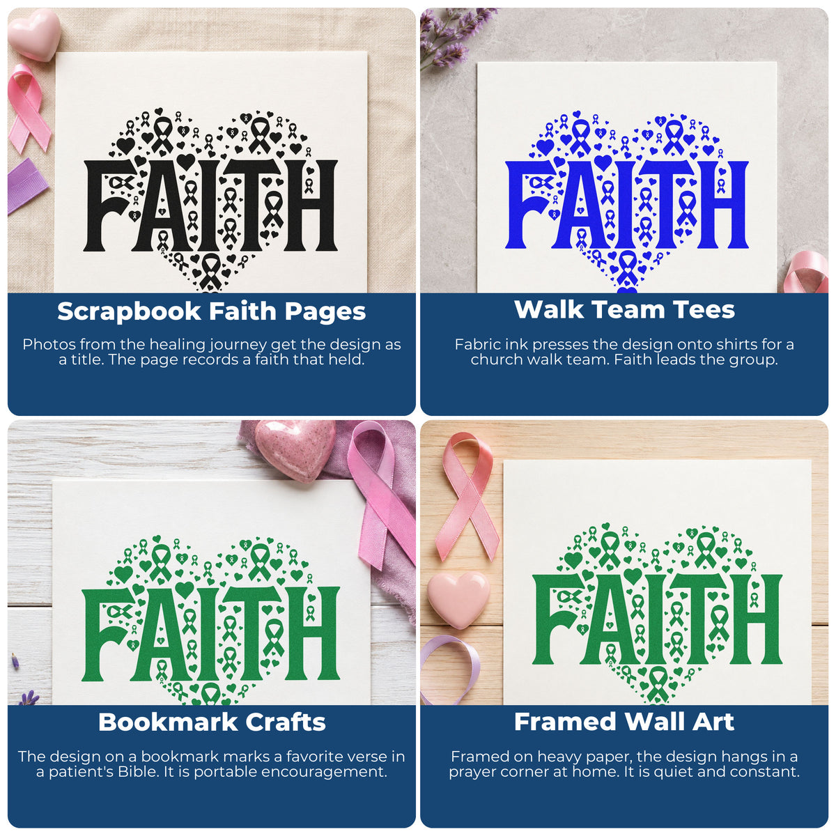 Four ways to use the Faith Awareness Heart Hand Stamp – Duo: scrapbook faith pages, walk team tees, bookmark crafts and framed wall art.