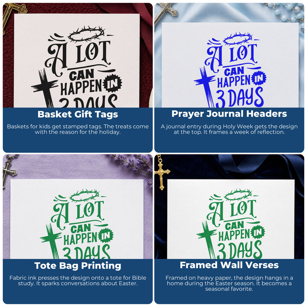 Four ways to use the A Lot Can Happen In Three Days Hand Stamp – Duo: basket gift tags, prayer journal headers, tote bag printing and framed wall verses.