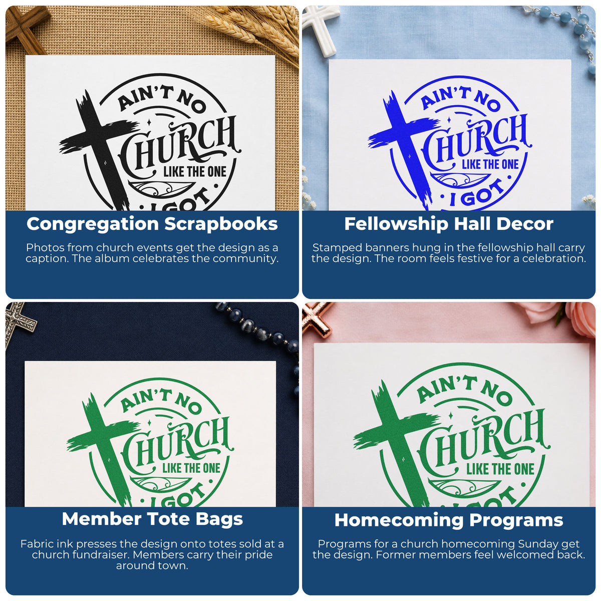 Four ways to use the Ain't No Church Like Mine Brushstroke Cross Premium Wooden Stamp - Vintage Pro: congregation scrapbooks, fellowship hall decor, member tote bags and homecoming programs.