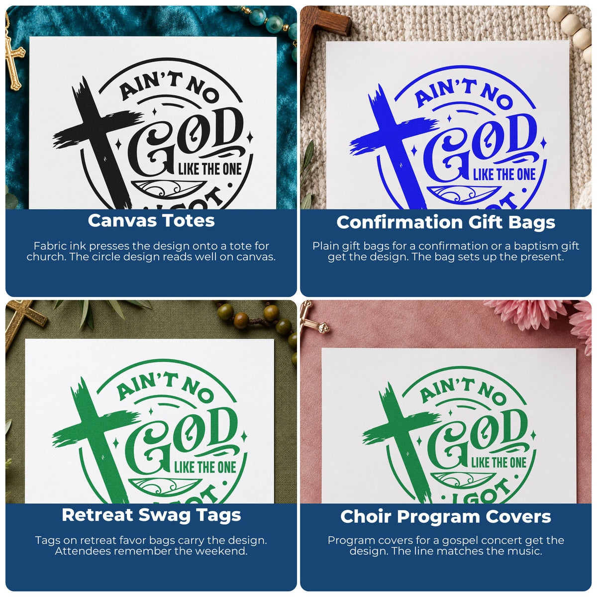 Four ways to use the Ain't No God Like Mine Stamp – Self-Inking: canvas totes, confirmation gift bags, retreat swag tags and choir program covers.
