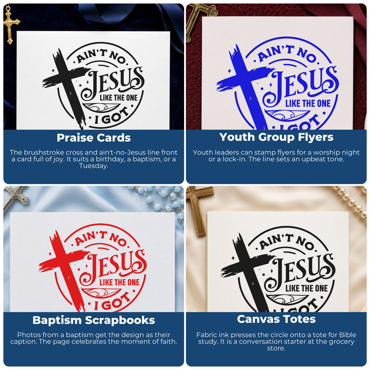 Four ways to use the Ain't No Jesus Like Mine Brushstroke Cross Rubber Stamp – Duo Hand: praise cards, youth group flyers, baptism scrapbooks and canvas totes.