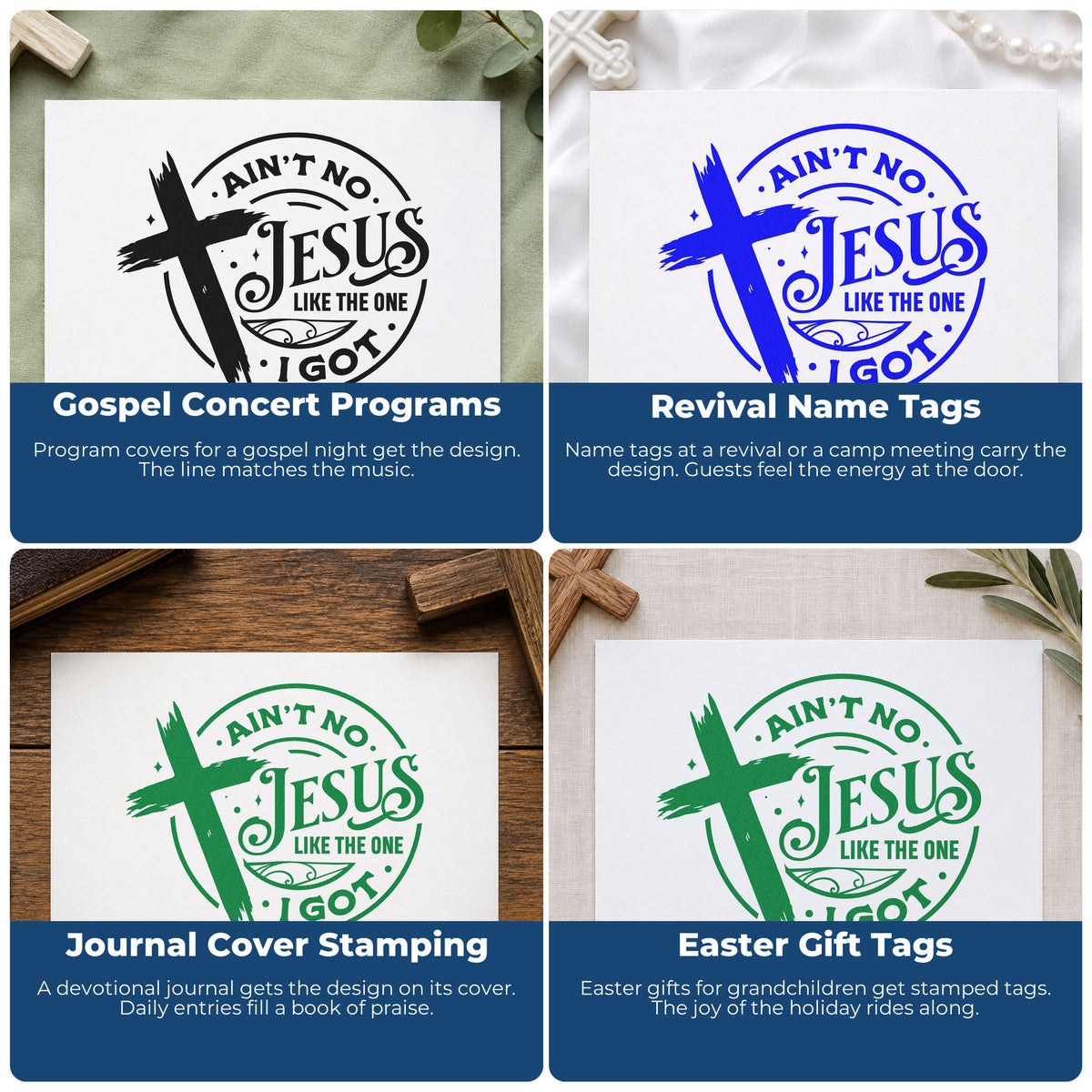 Four ways to use the Ain't No Jesus Like Mine Brushstroke Cross Rubber Stamp – Duo Hand: gospel concert programs, revival name tags, journal cover stamping and easter gift tags.