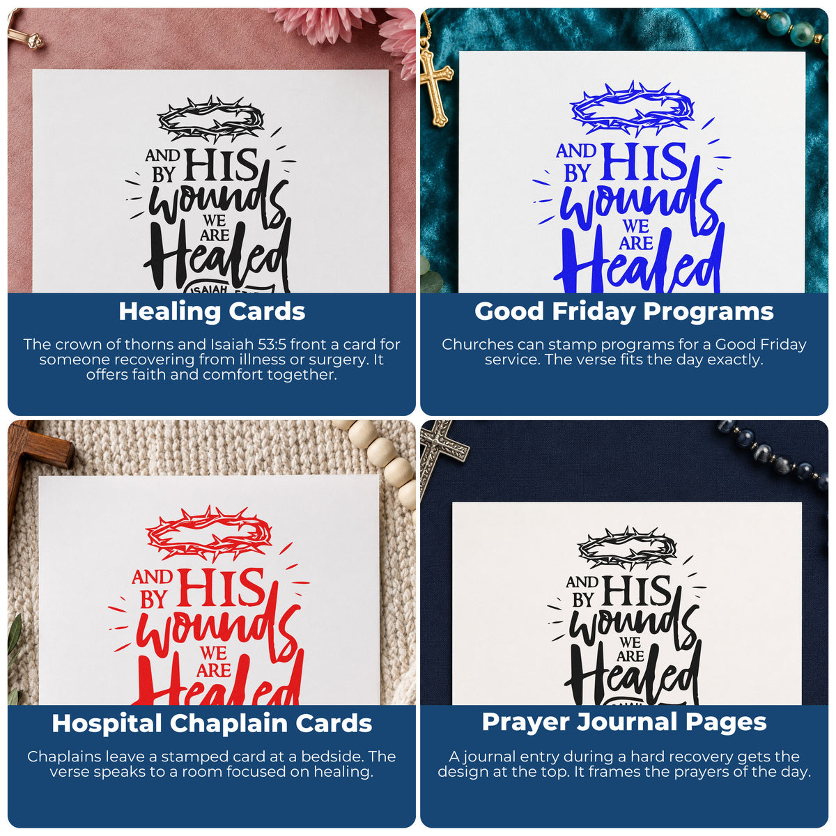 Four ways to use the By His Wounds We Are Healed Stamp – Duo Hand: healing cards, good friday programs, hospital chaplain cards and prayer journal pages.
