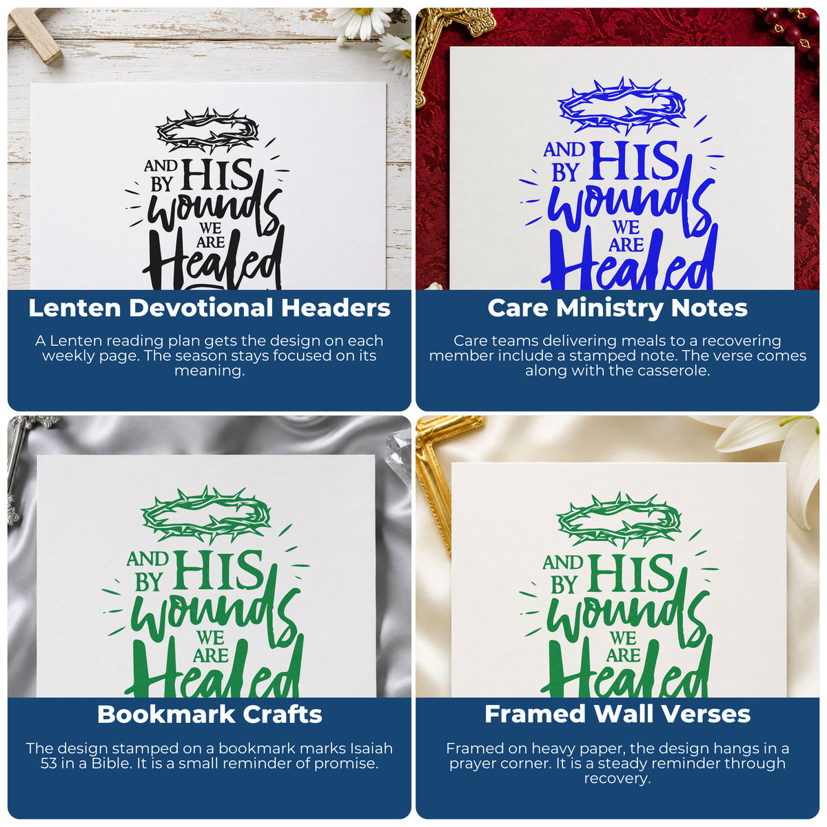 Four ways to use the Premium Wooden By His Wounds We Are Healed Stamp - Vintage Pro: lenten devotional headers, care ministry notes, bookmark crafts and framed wall verses.