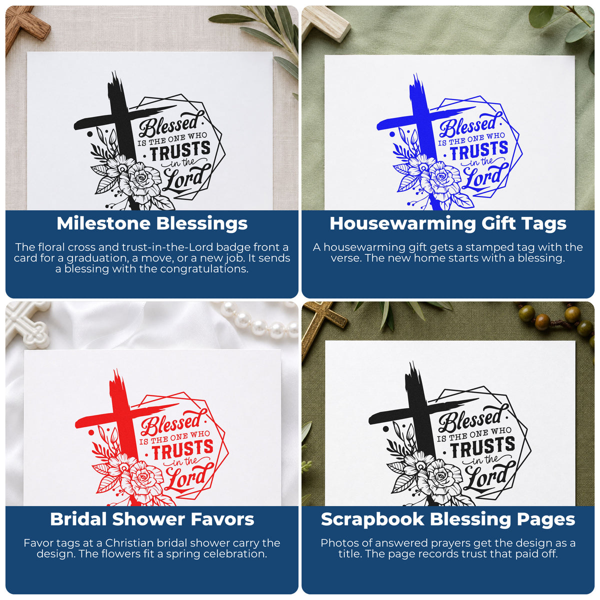 Four ways to use the Blessed Is The One Who Trusts In The Lord Pre-Inked Stamp – Slim: milestone blessings, housewarming gift tags, bridal shower favors and scrapbook blessing pages.