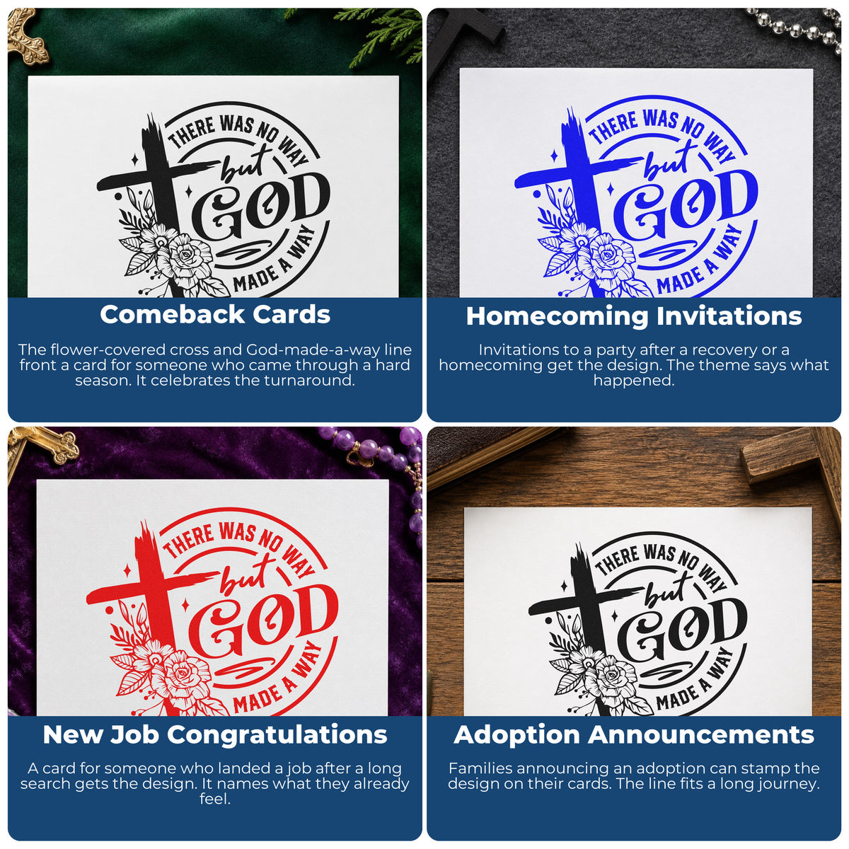 Four ways to use the Duo Hand God Made A Way Floral Rubber Stamp: comeback cards, homecoming invitations, new job congratulations and adoption announcements.