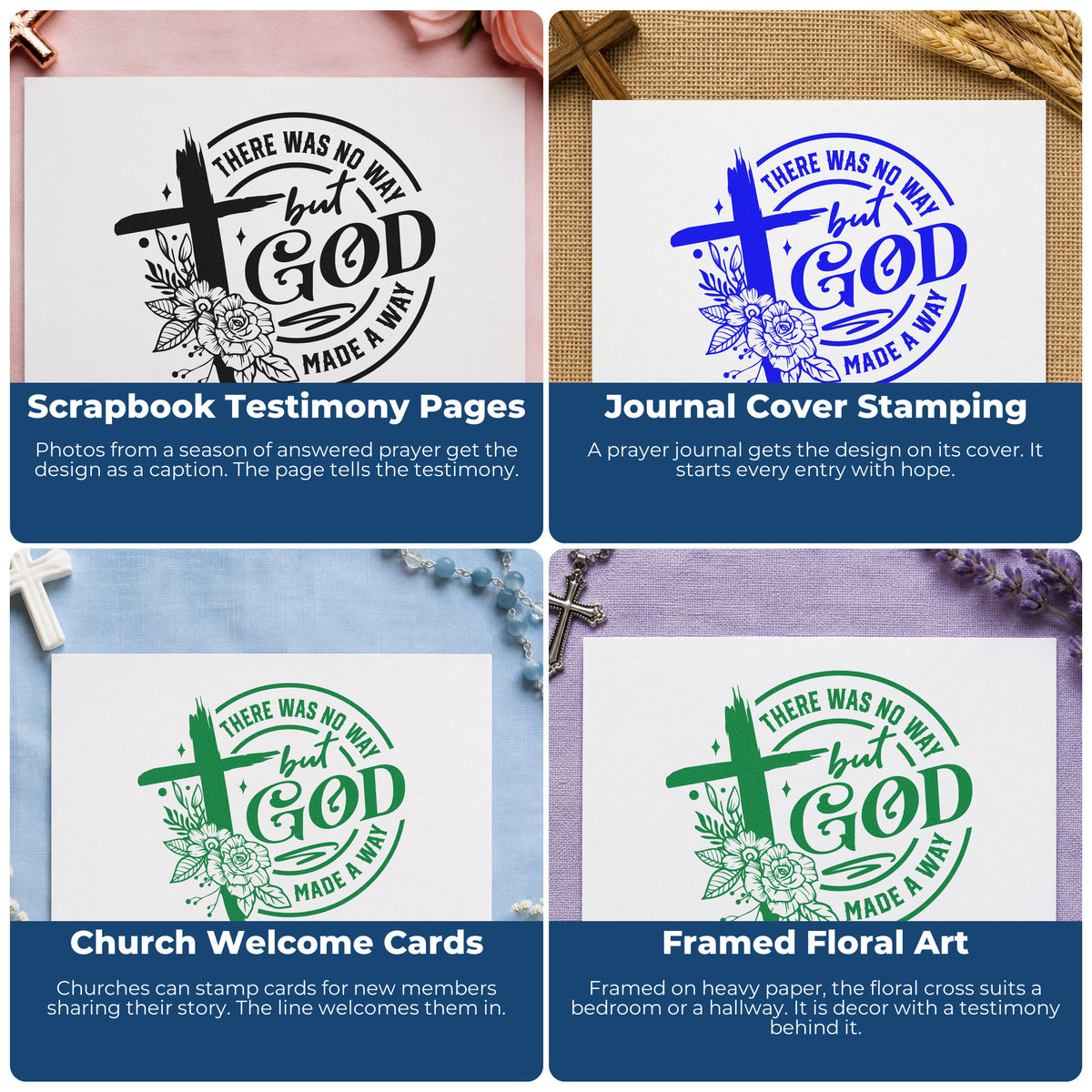 Four ways to use the God Made A Way Floral Stamp - Premium Vintage Pro Wooden: scrapbook testimony pages, journal cover stamping, church welcome cards and framed floral art.