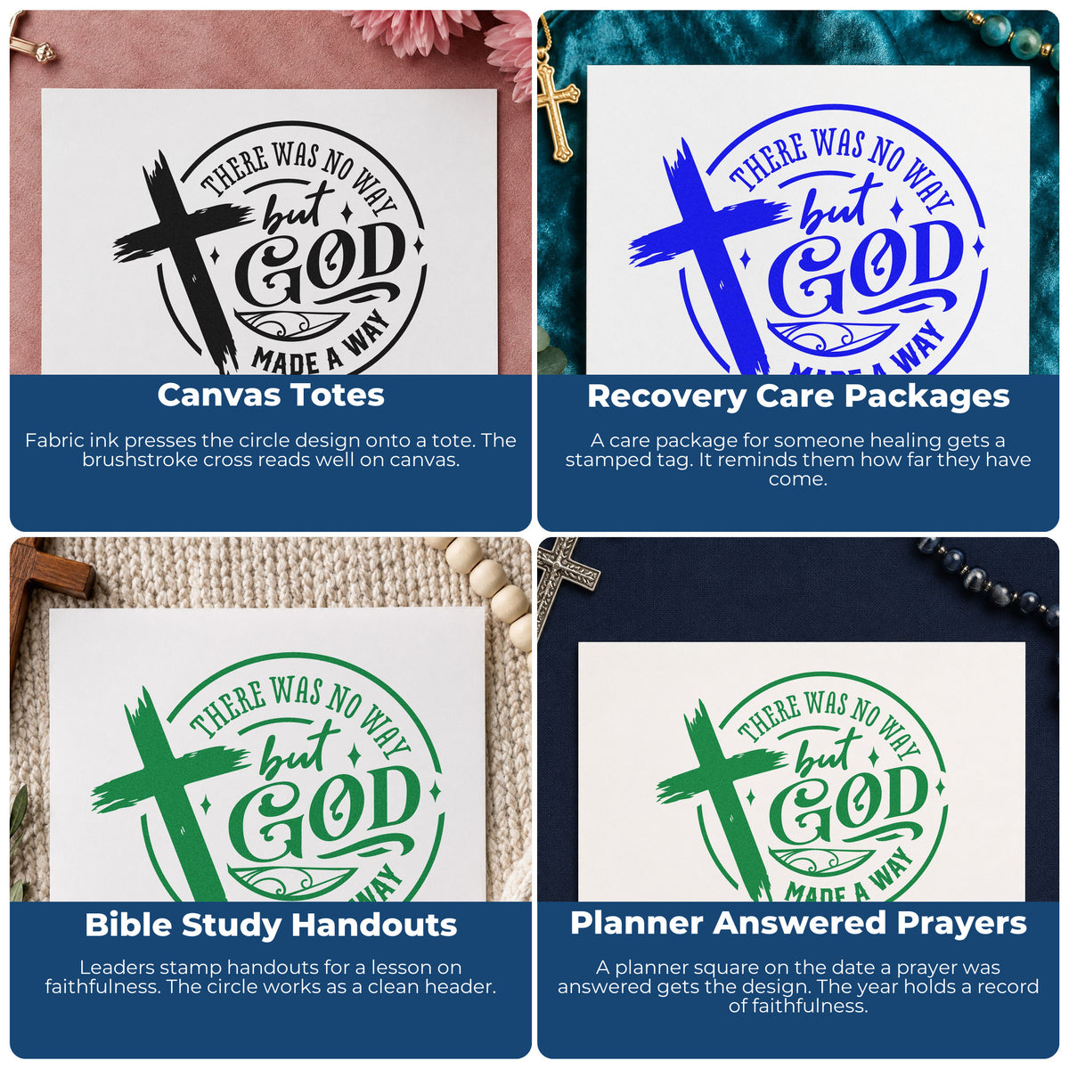 Four ways to use the There Was No Way, But God Made A Way Stamp – Self-Inking: canvas totes, recovery care packages, bible study handouts and planner answered prayers.