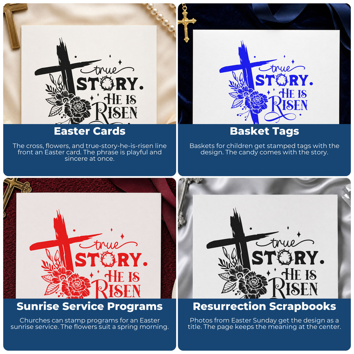 Four ways to use the True Story, He Is Risen Pre-Inked Stamp – PSI: easter cards, basket tags, sunrise service programs and resurrection scrapbooks.